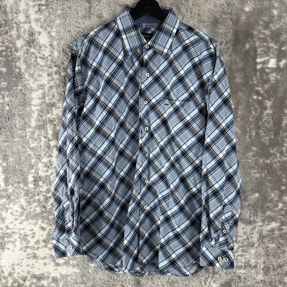 Van Heusen Size L 16-16.5 Plaid Casual Button Shirt Blue Gray Long Sleeve Collar